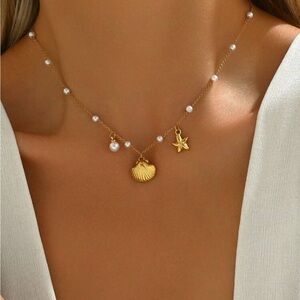 18k Gold Plated Shell and Starfish Necklace with Pearls